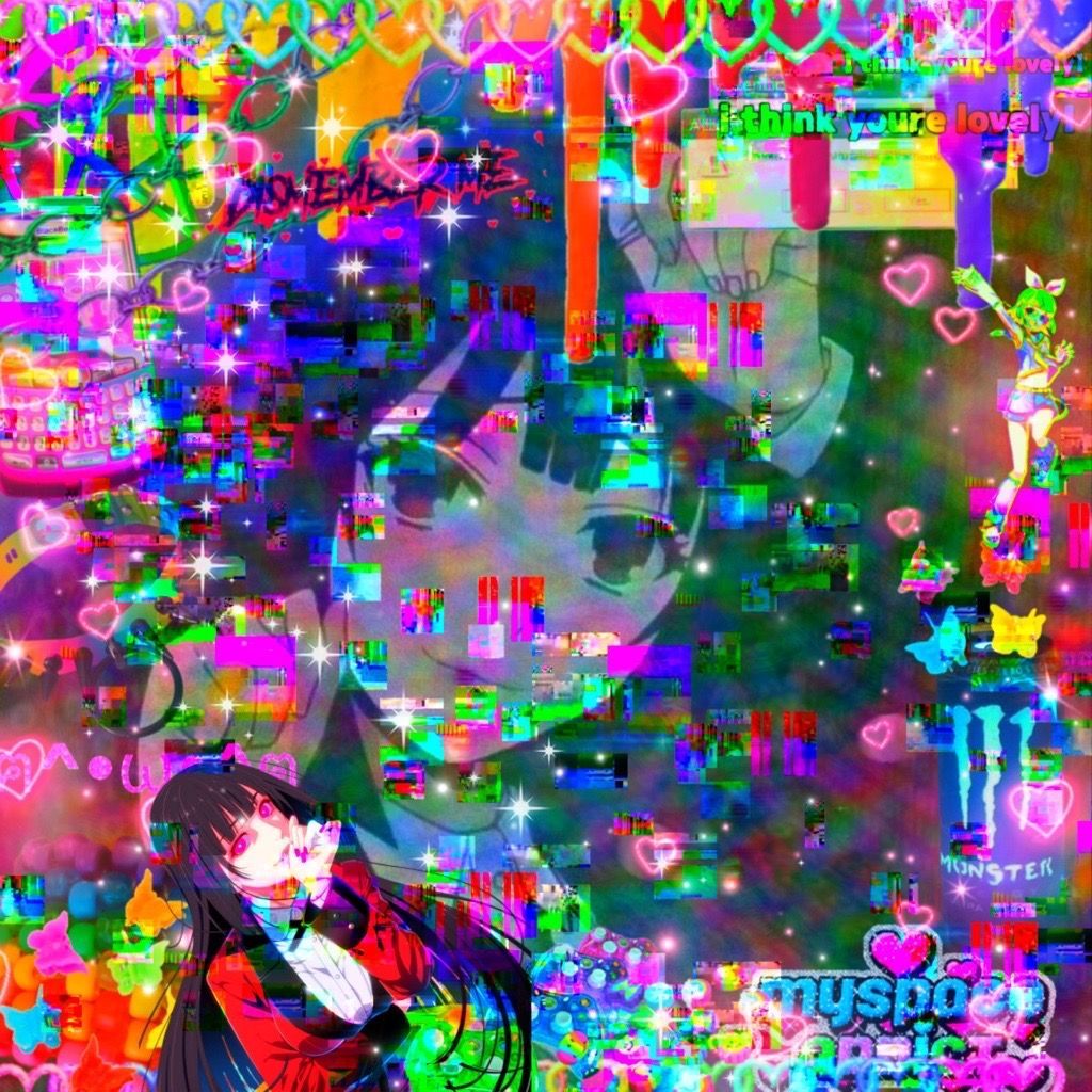 A colorful and abstract anime wallpaper with hearts and the words 