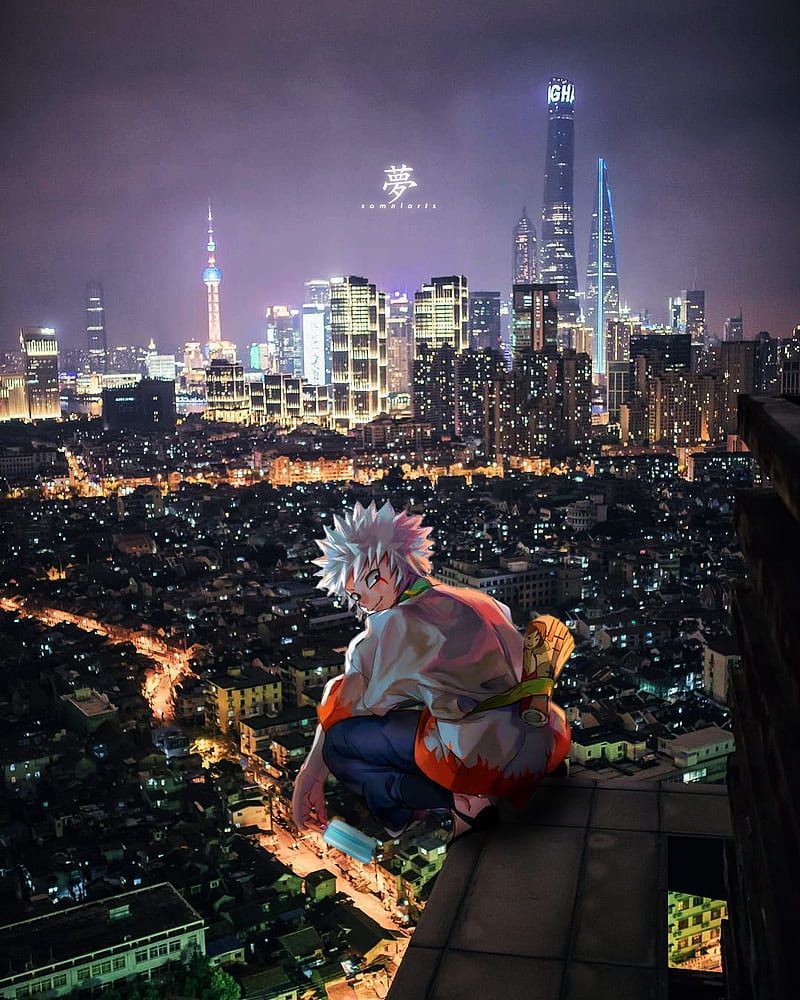 Anime character sitting on a ledge overlooking the city - Cityscape