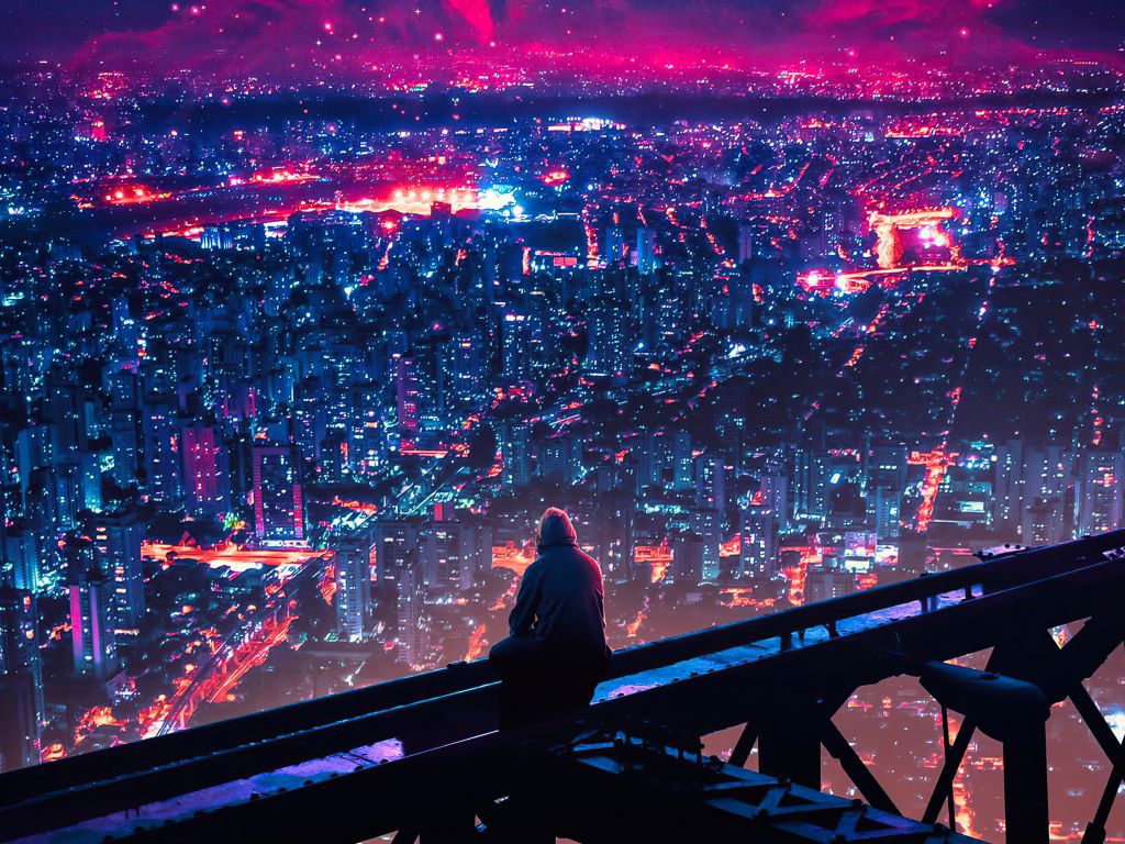 A person sitting on a ledge looking out over a city at night - Cityscape