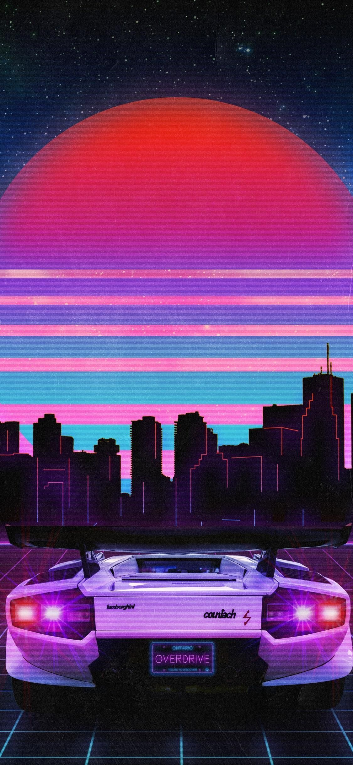 A car is parked in front of the city - Cars, synthwave