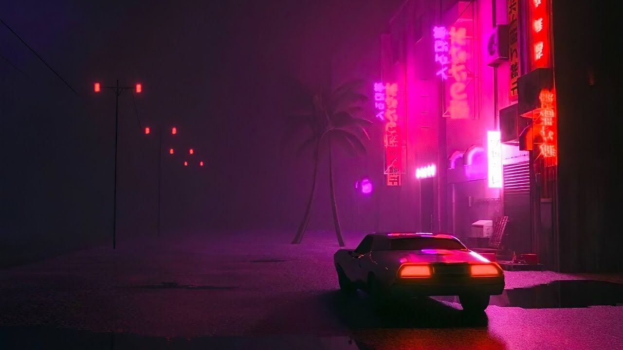 A car driving down the street in neon lights - Synthwave