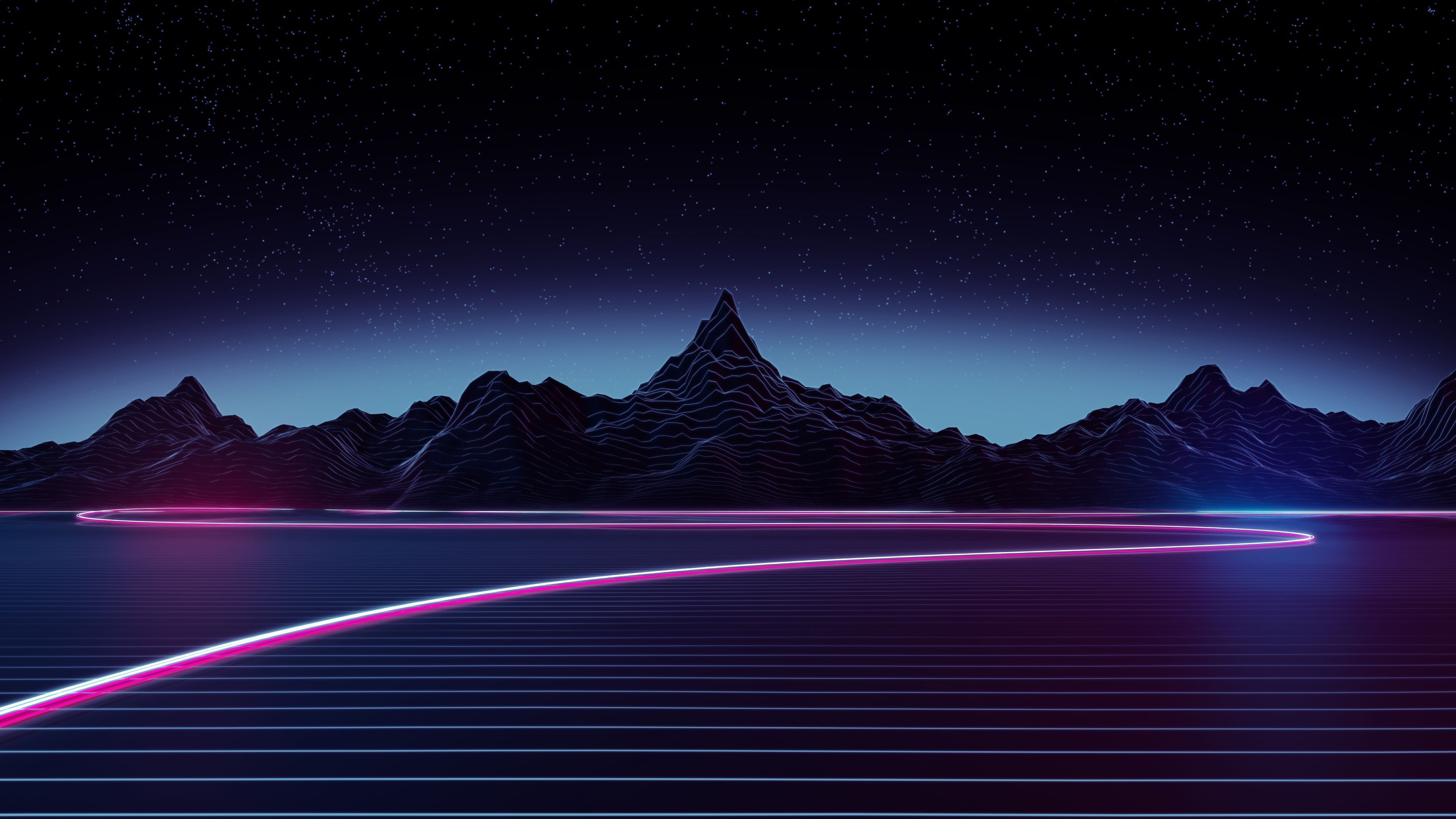 A futuristic neon landscape with a pink trail leading towards a mountain range under a starry night sky. - Synthwave