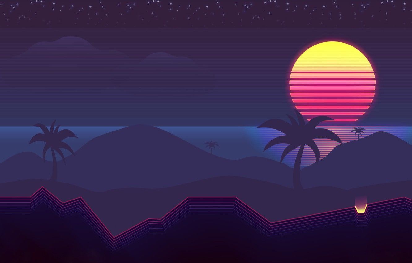 A retro wave sunset with palm trees - Synthwave