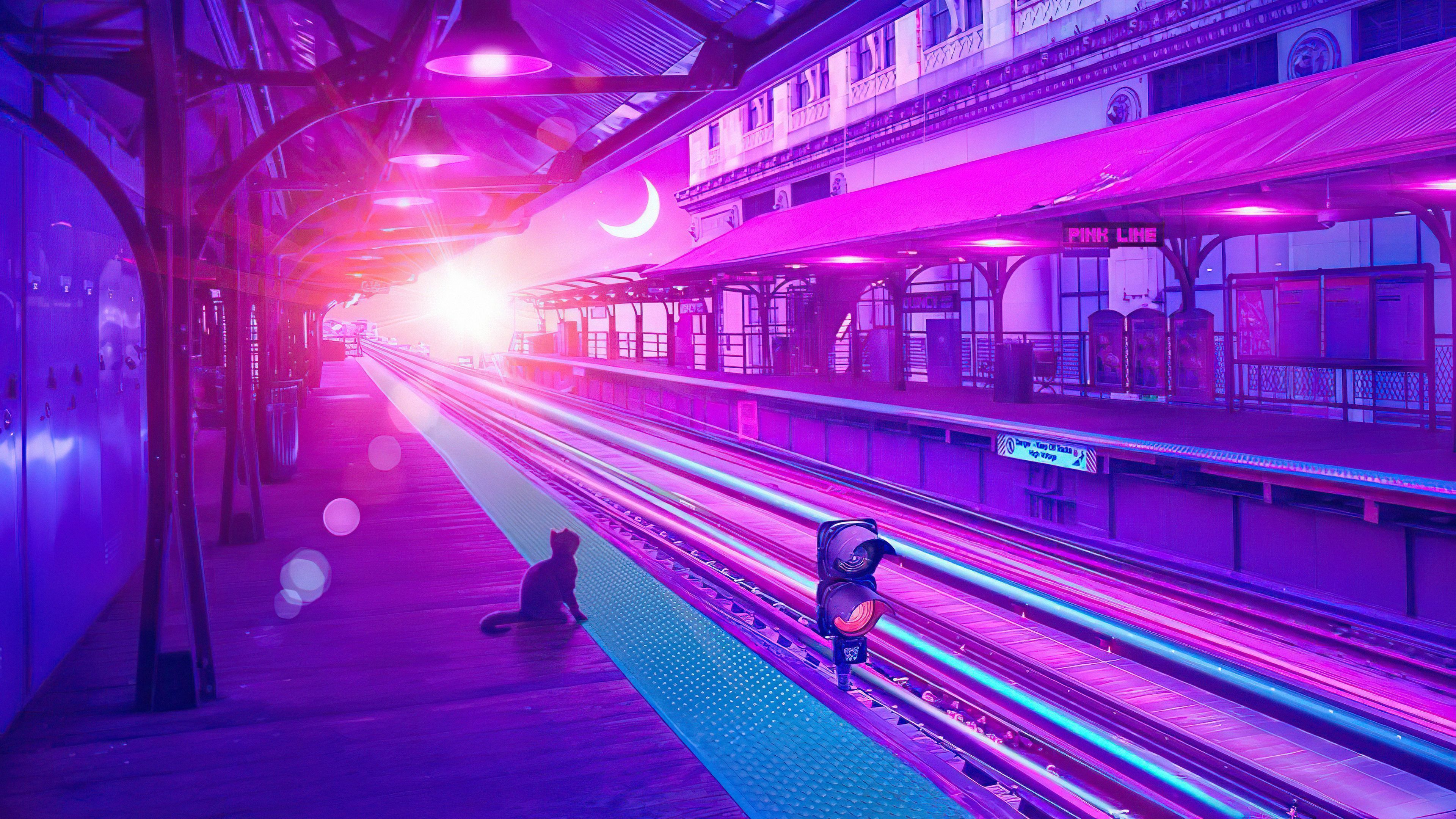 A purple train station with people standing on the platform - Synthwave