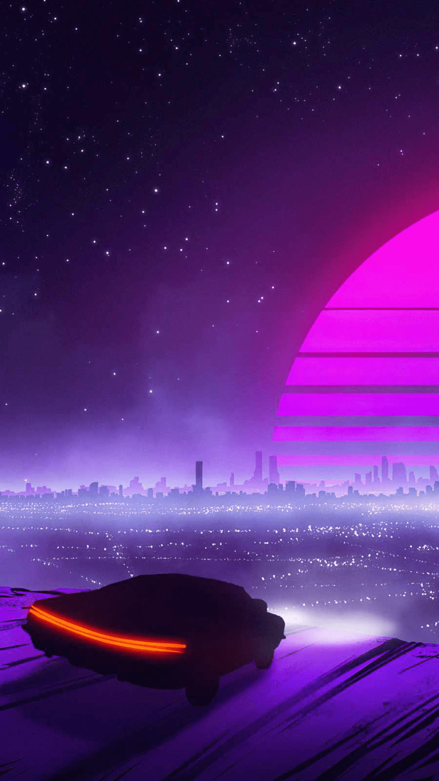 Aesthetic neon purple sunset over a cityscape with a car in the foreground - Synthwave