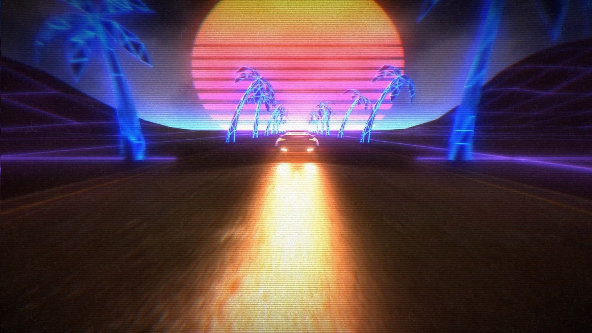 A car driving down a road with a giant sun and palm trees in the background - Synthwave