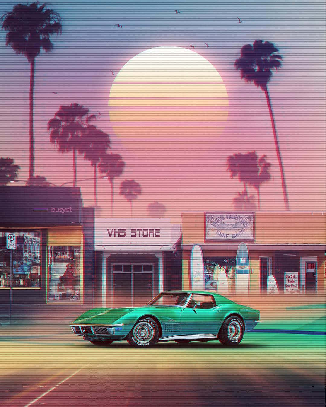 A green car is parked in front of an old store - Synthwave