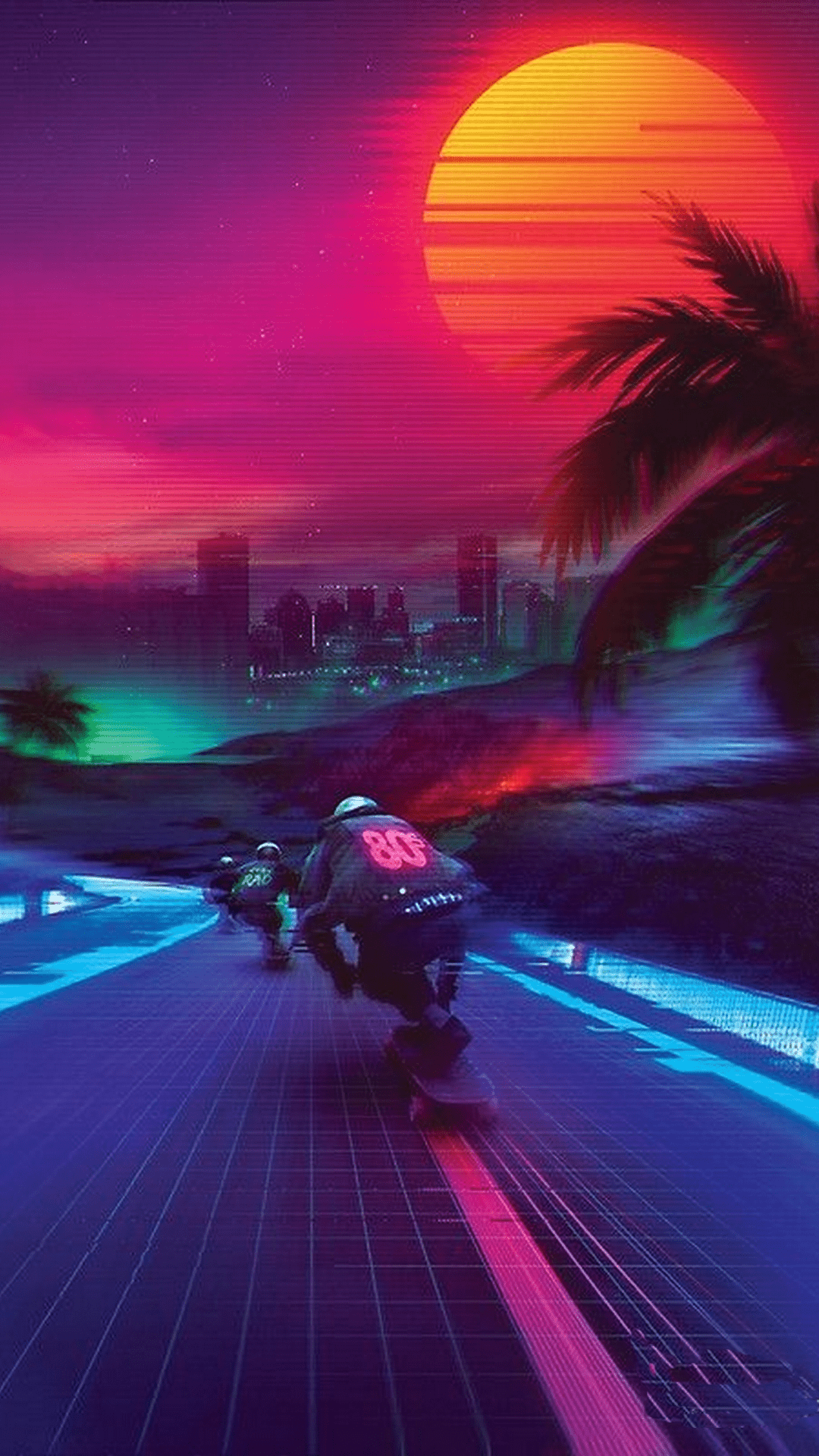 Two people riding skateboards, sunset in the background, synthwave wallpaper - Synthwave
