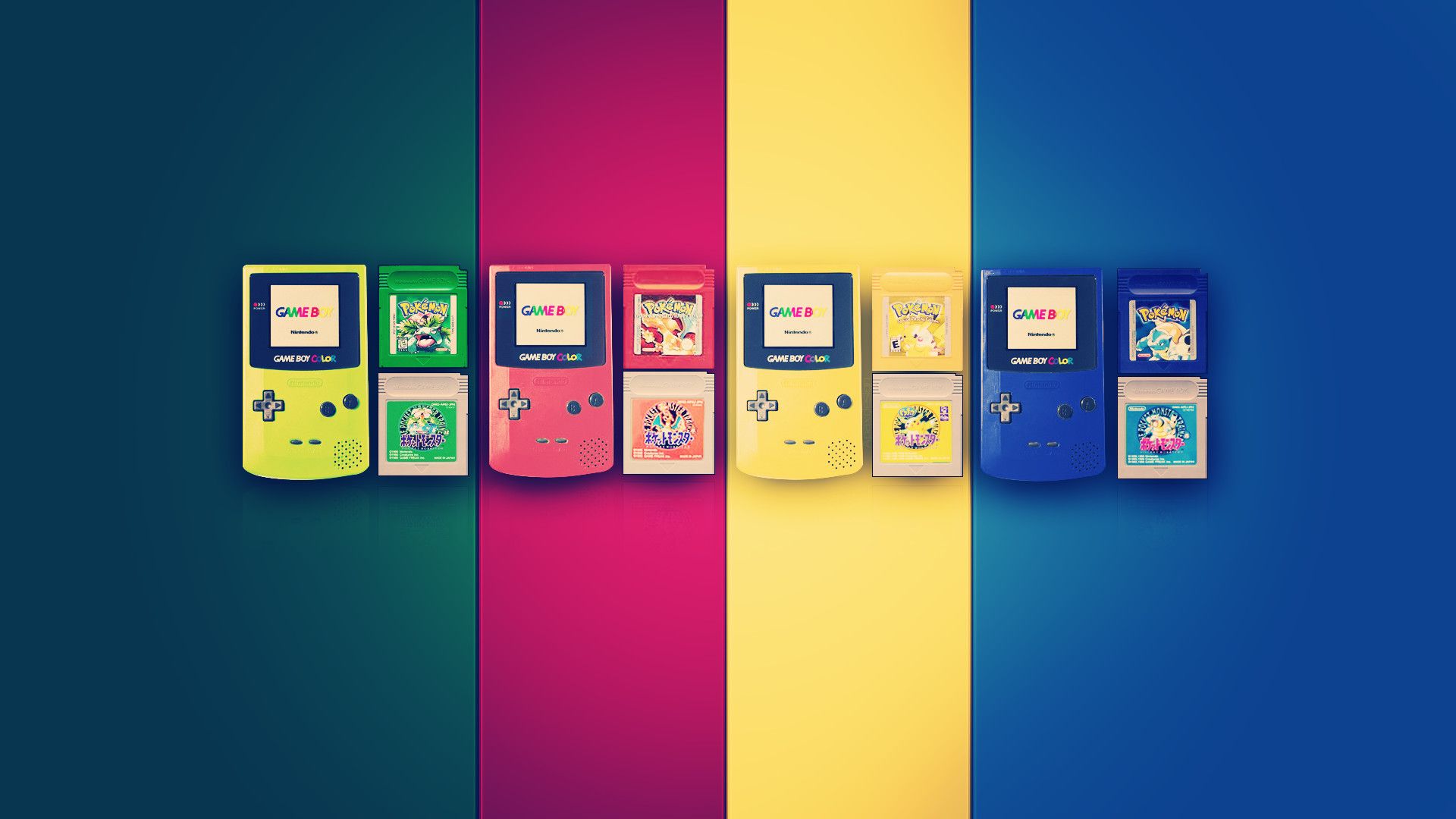 A collection of Gameboy games lined up on a colorful background - Nintendo