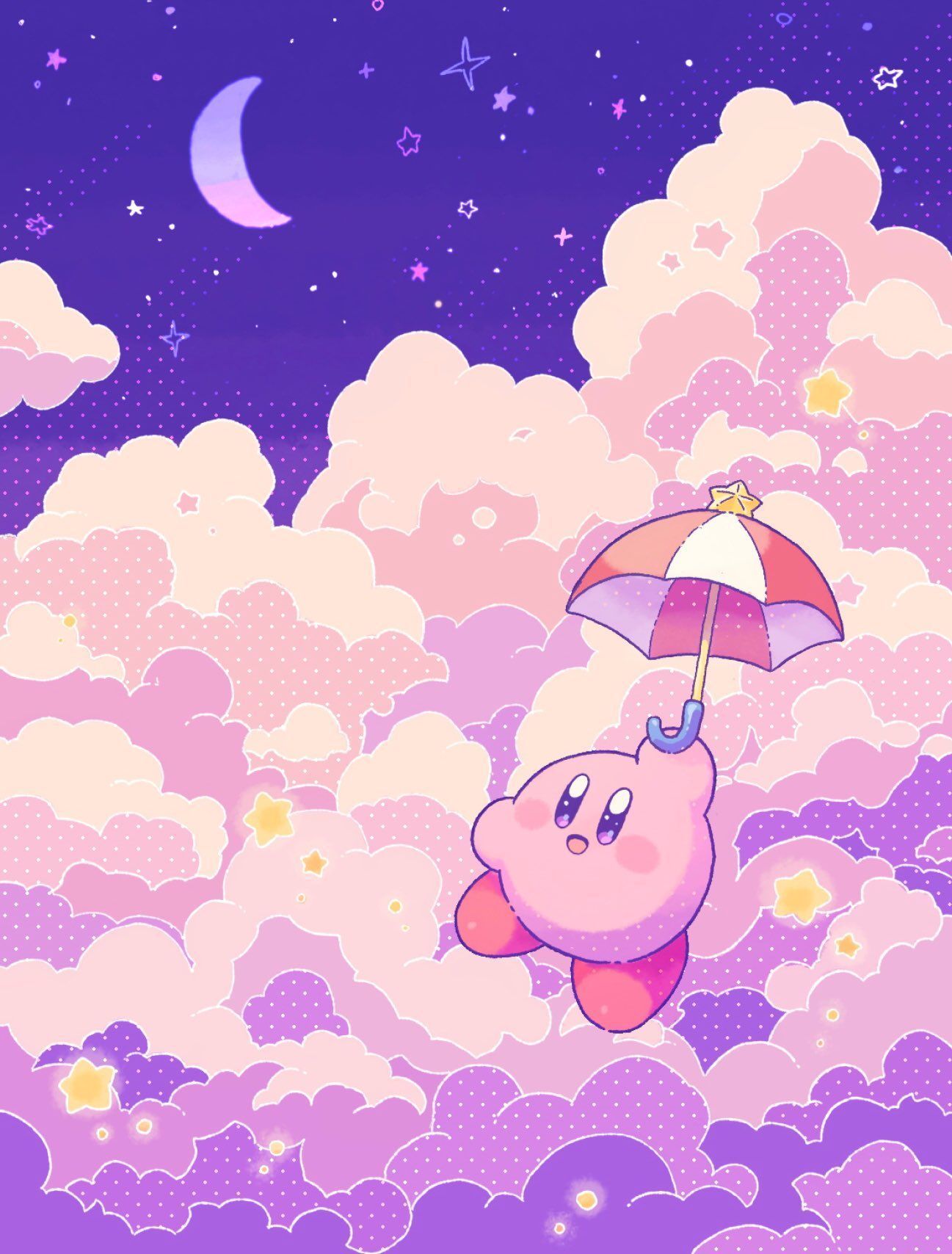 Wallpaper kirby, pink, umbrella, stars, clouds, night, cute, kawaii - Nintendo, Kirby