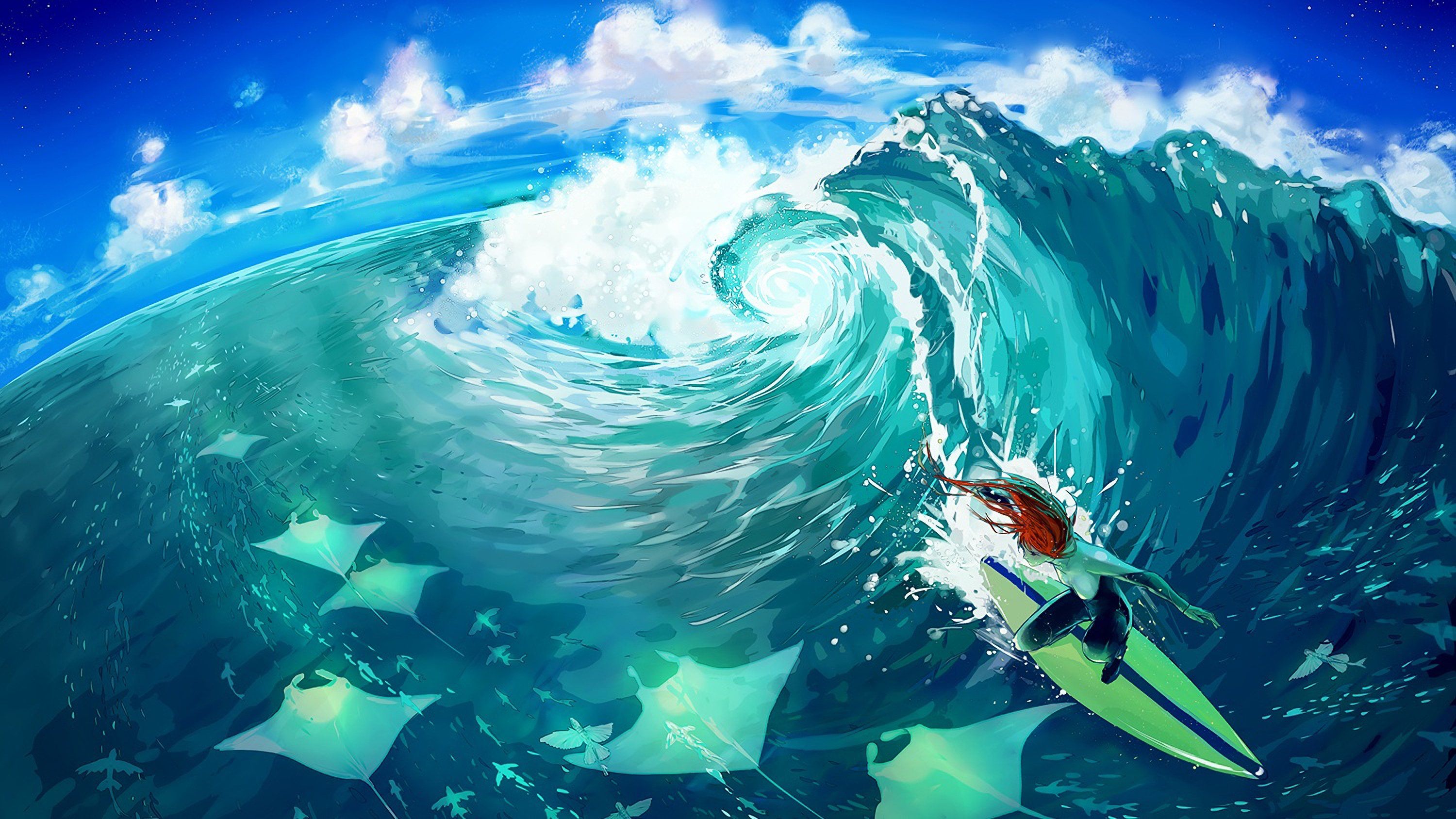 Anime girl surfing on a green surfboard in the middle of a big wave - Surf