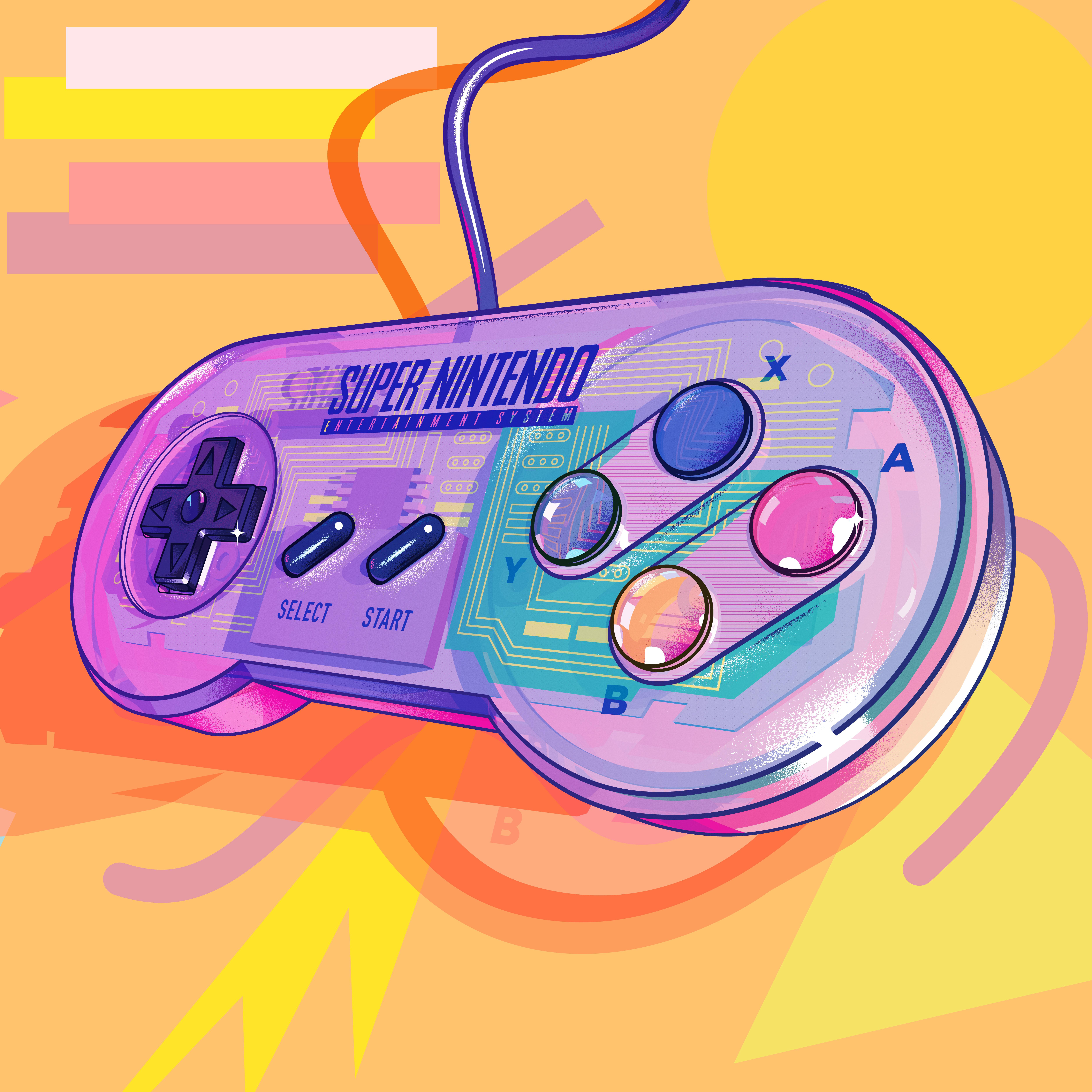 A digital illustration of a Super Nintendo controller on a yellow background - Nintendo