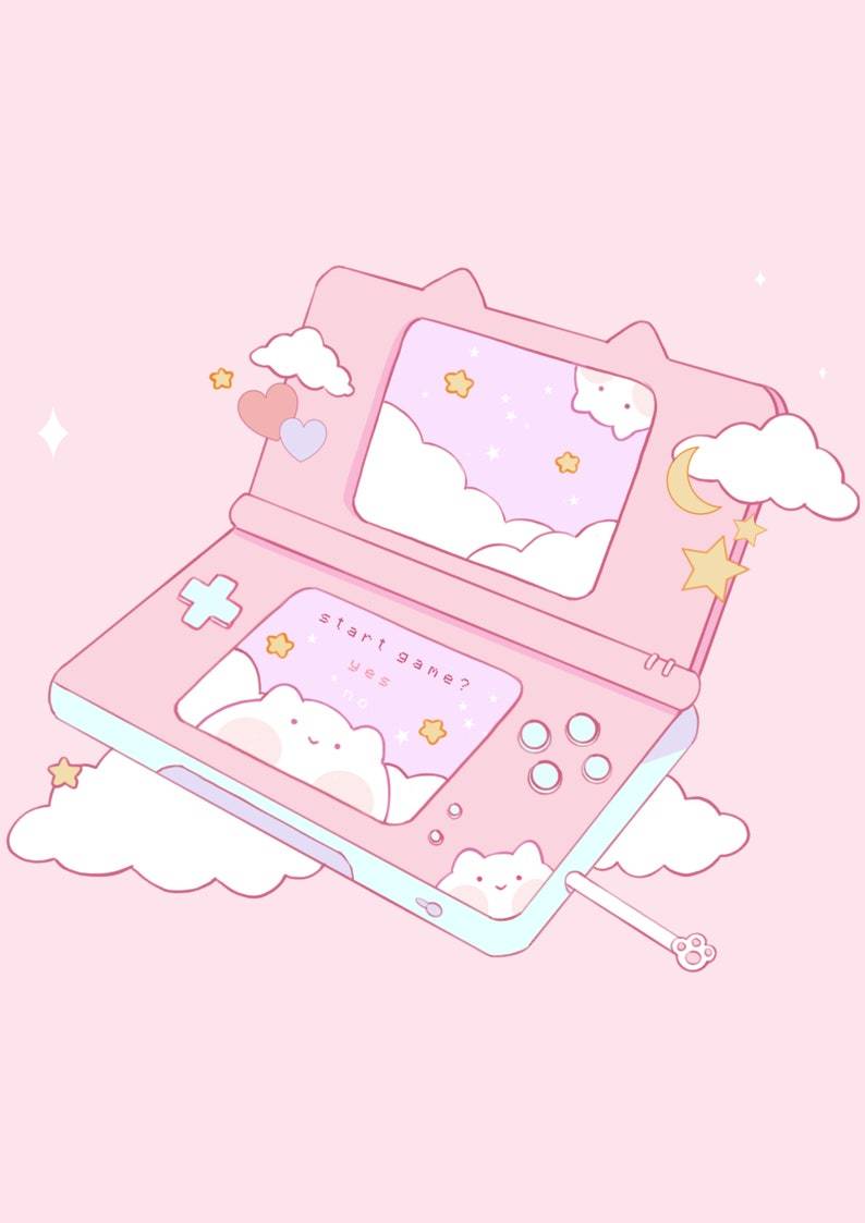 A pink nintendo game with clouds and cute characters - Nintendo