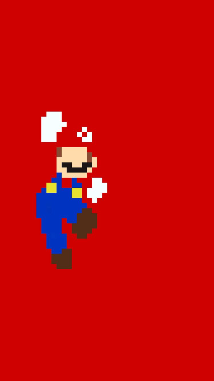 The wallpaper is a pixel art of mario jumping on red - 