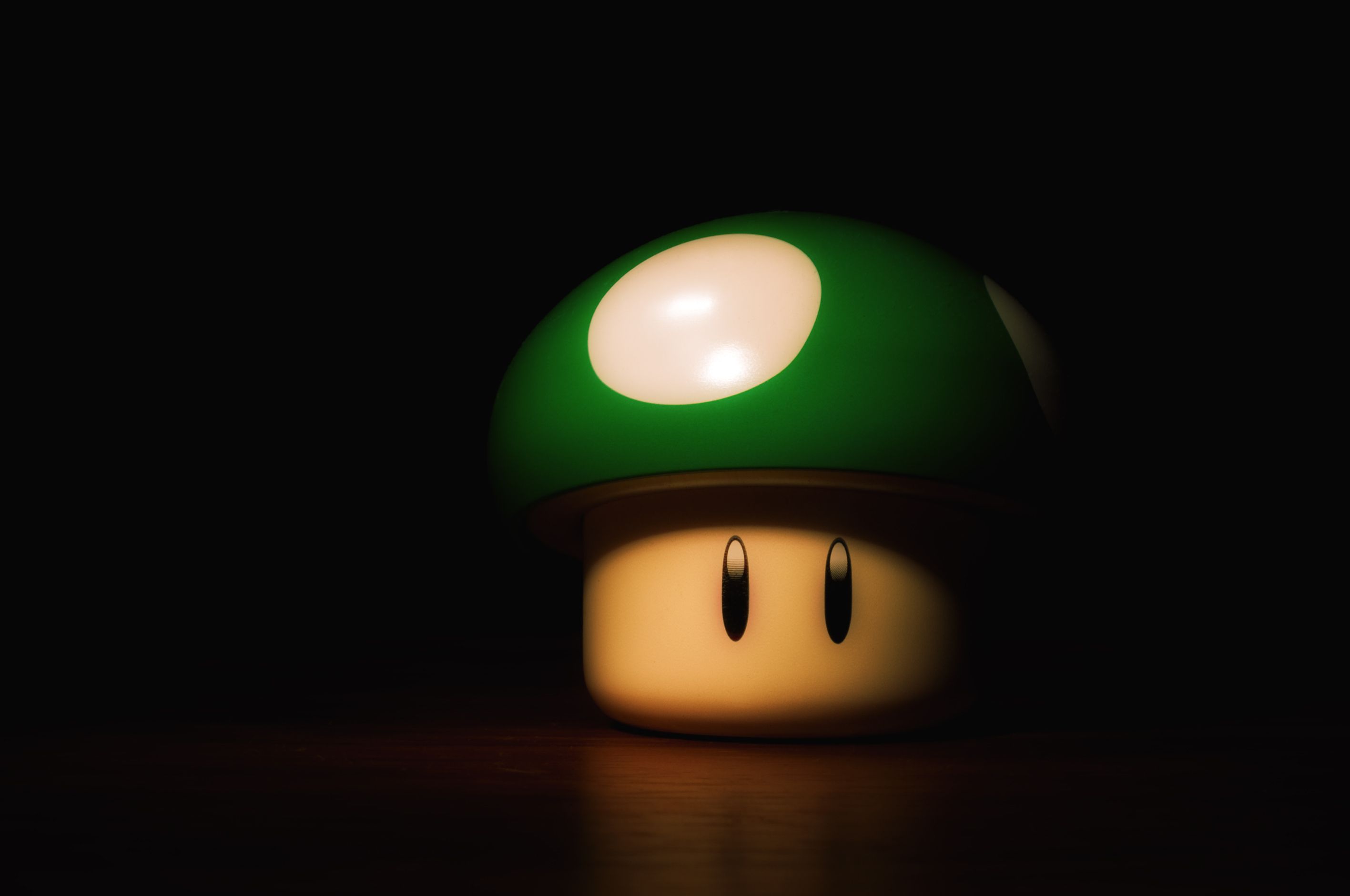A small green mushroom is sitting on the dark floor - 