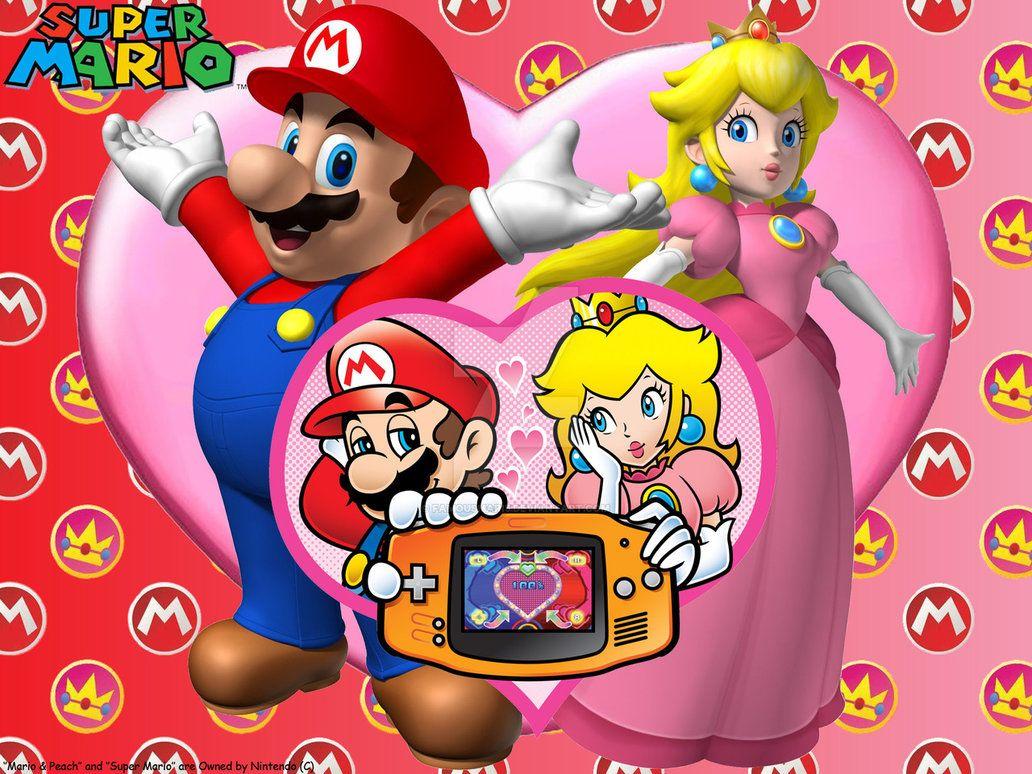 Mario and Peach are holding a heart-shaped object - 