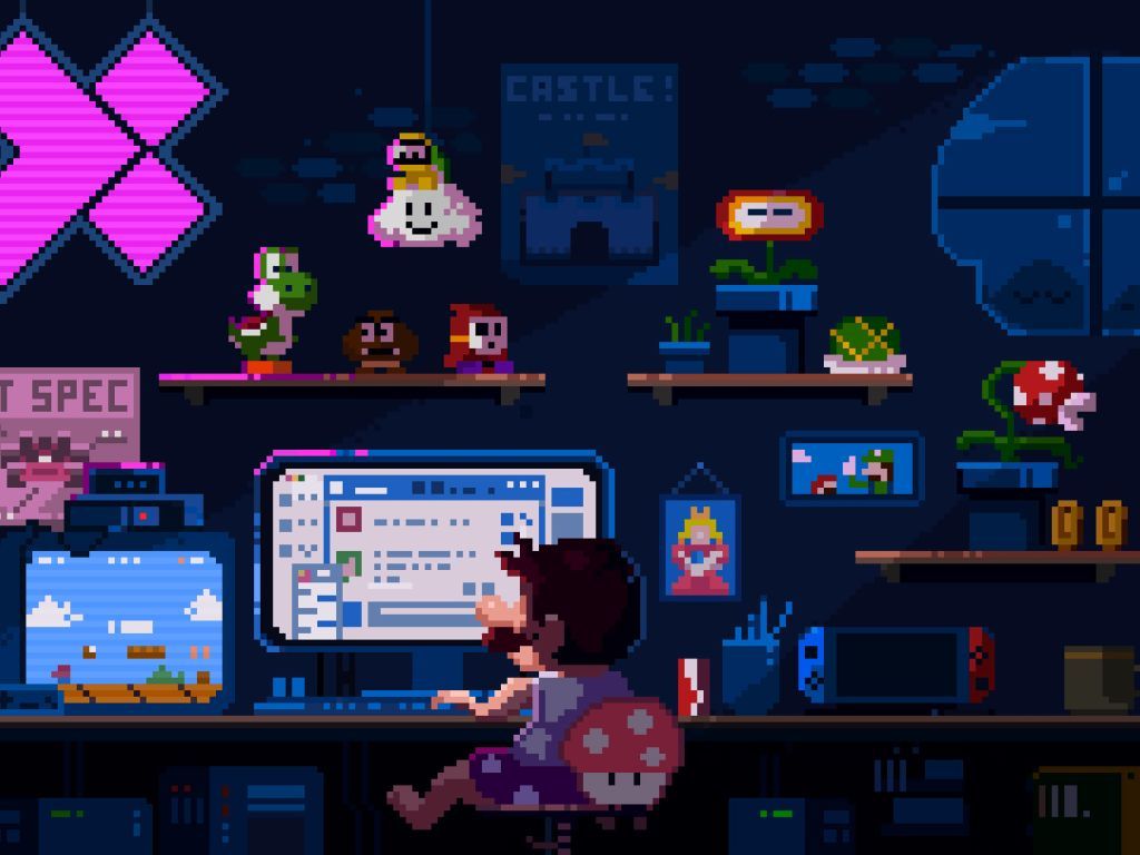 A pixel art of an office with many items - 