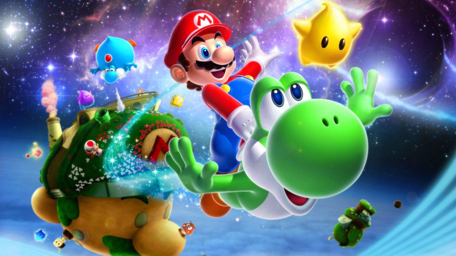 Mario and Yoshi flying through space in Super Mario Galaxy, one of the best games for the Wii. - 