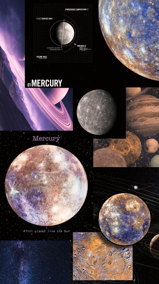 A collage of images of Mercury, the planet, and its moons - Mars