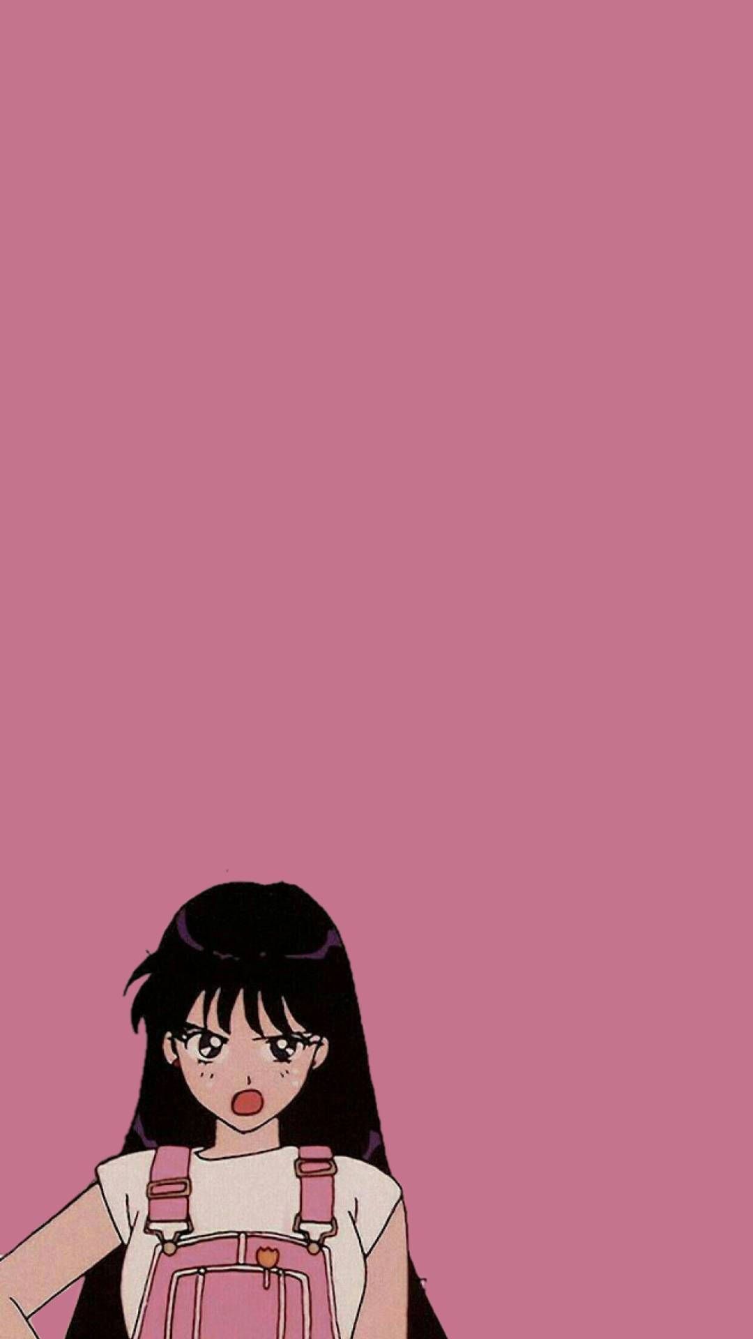 Anime girl in overalls standing against a pink wall - Sailor Mars