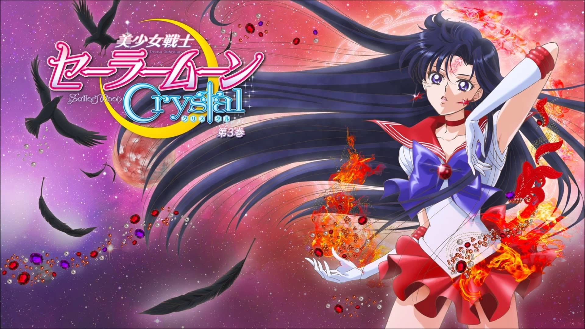 The anime girl is holding a sword and standing in front of some birds - Sailor Mars