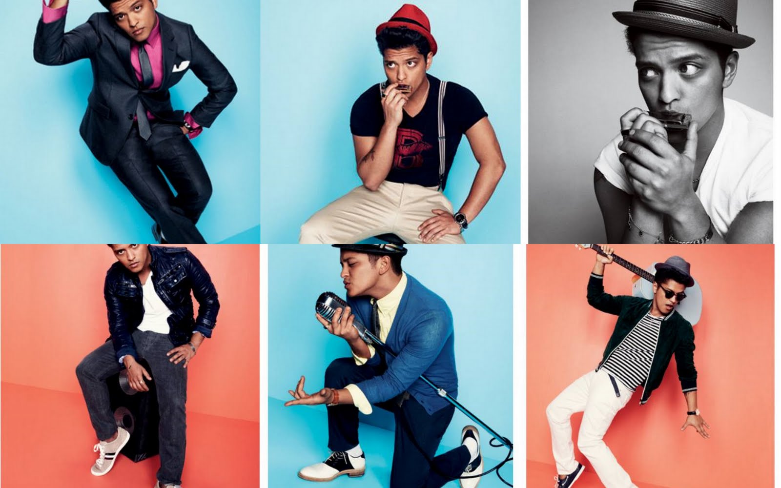 A man in different poses wearing hats and suits - Bruno Mars