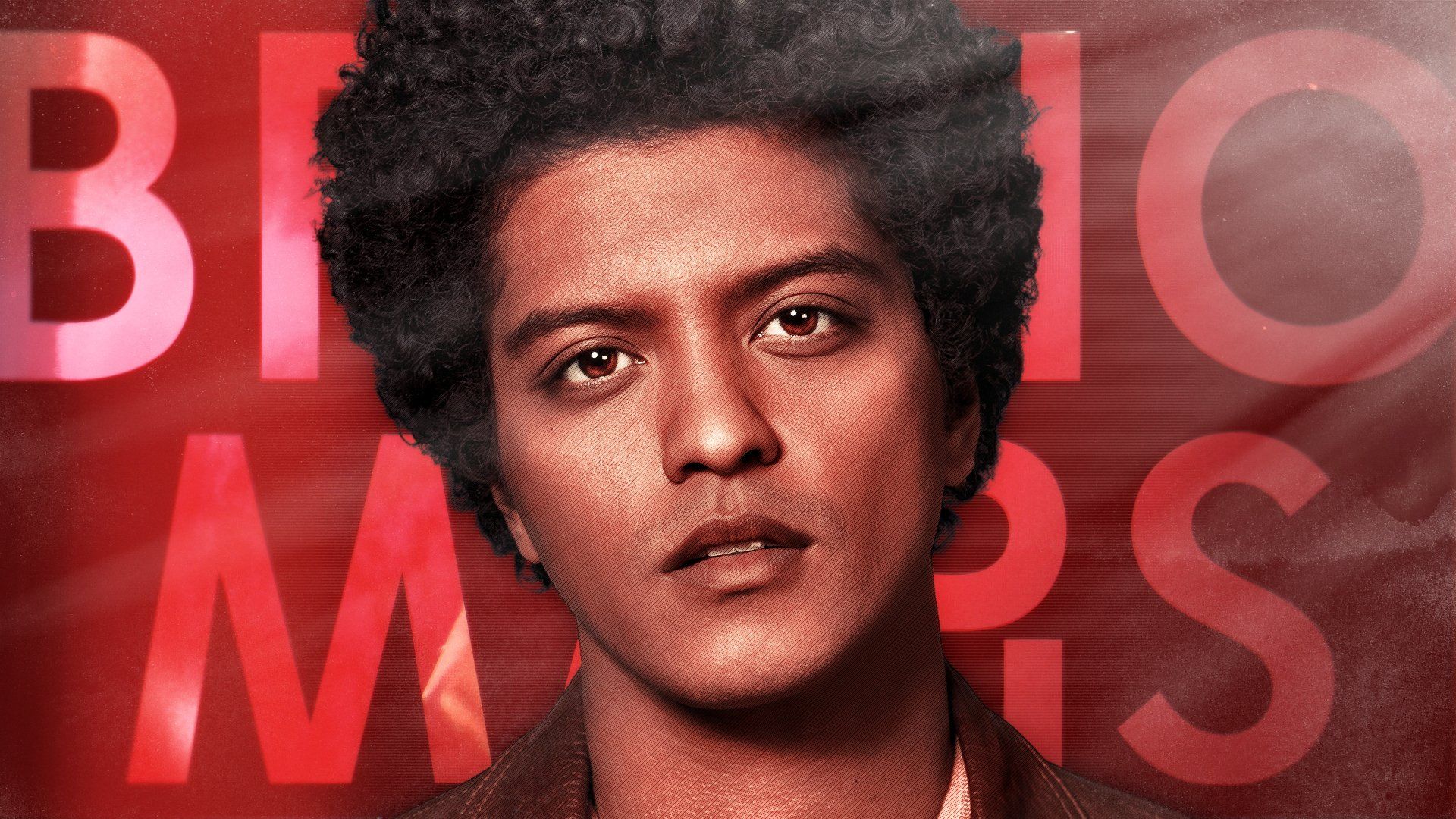 Bruno Mars with an afro in front of a red background - Bruno Mars