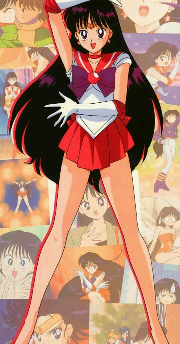 The sailor moon anime character is standing in front of a wall with many pictures - Sailor Mars