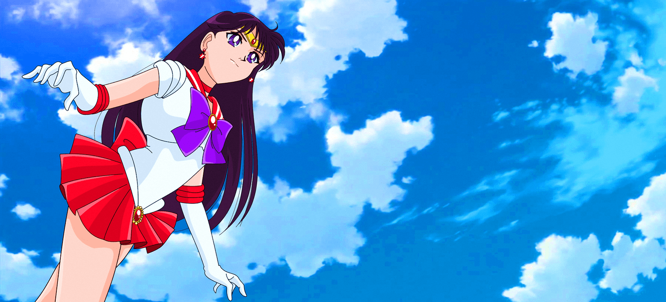 A cartoon character in anime style is flying through the sky - Sailor Mars