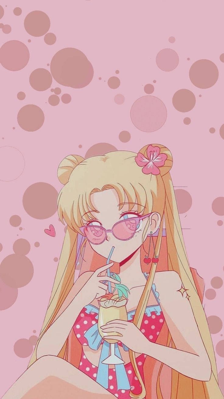 Download Aesthetic Pink Anime Sailor Moon Drinking Wallpaper