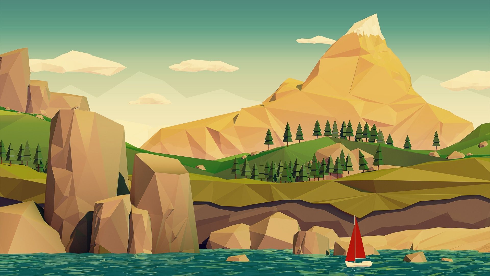 Low poly illustration of a sailboat on the sea - Low poly
