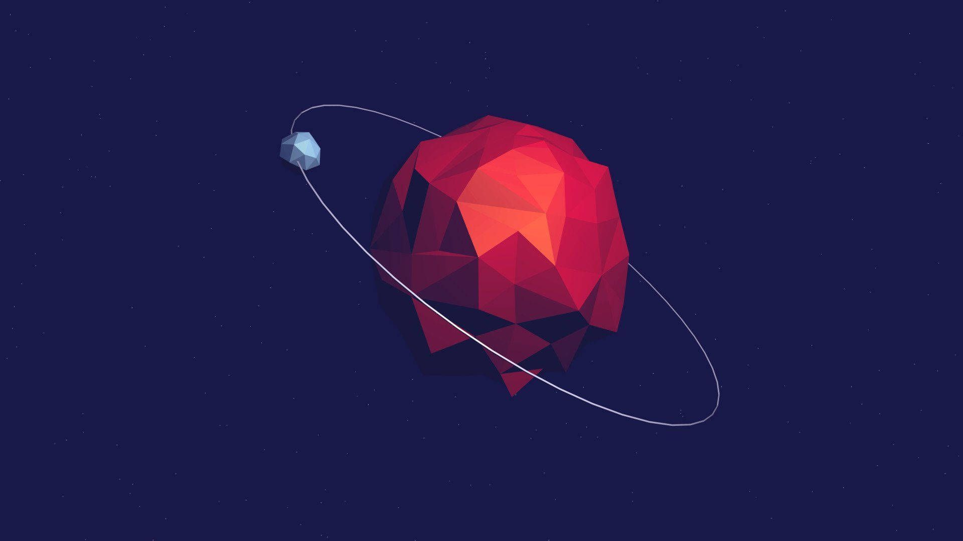 Low poly space wallpaper with a red planet - Low poly