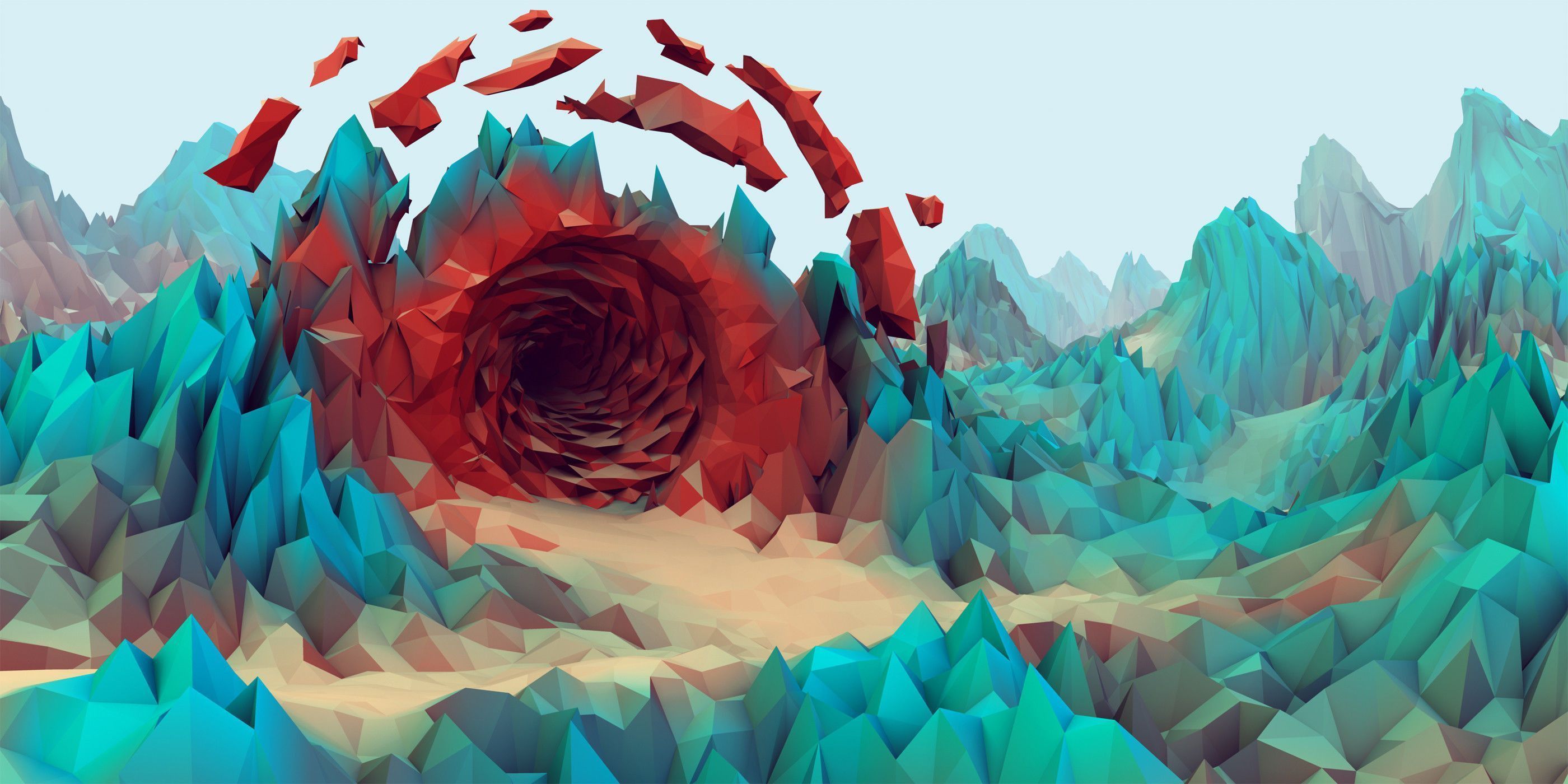 A low poly landscape with mountains and red rocks - Low poly