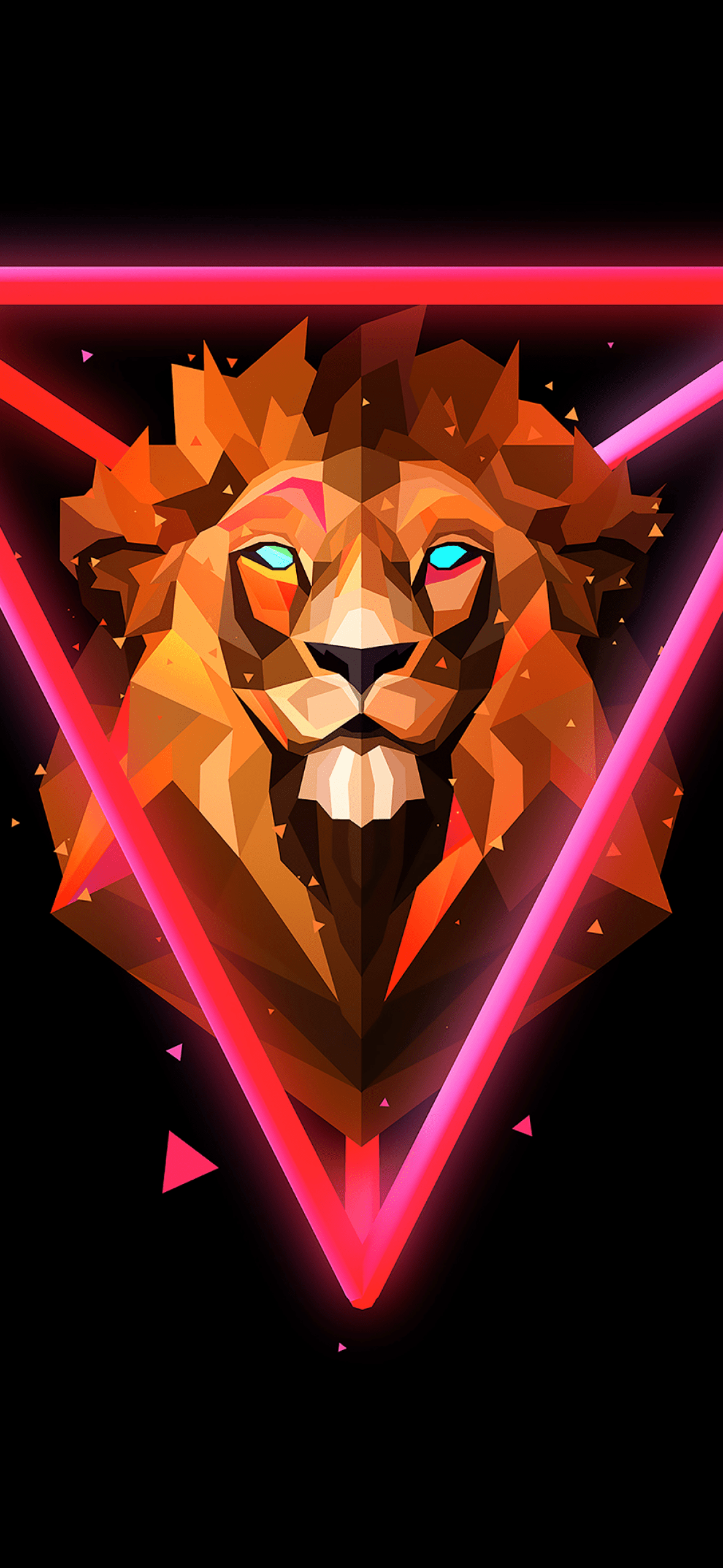 A lion with a red neon triangle around it - Low poly