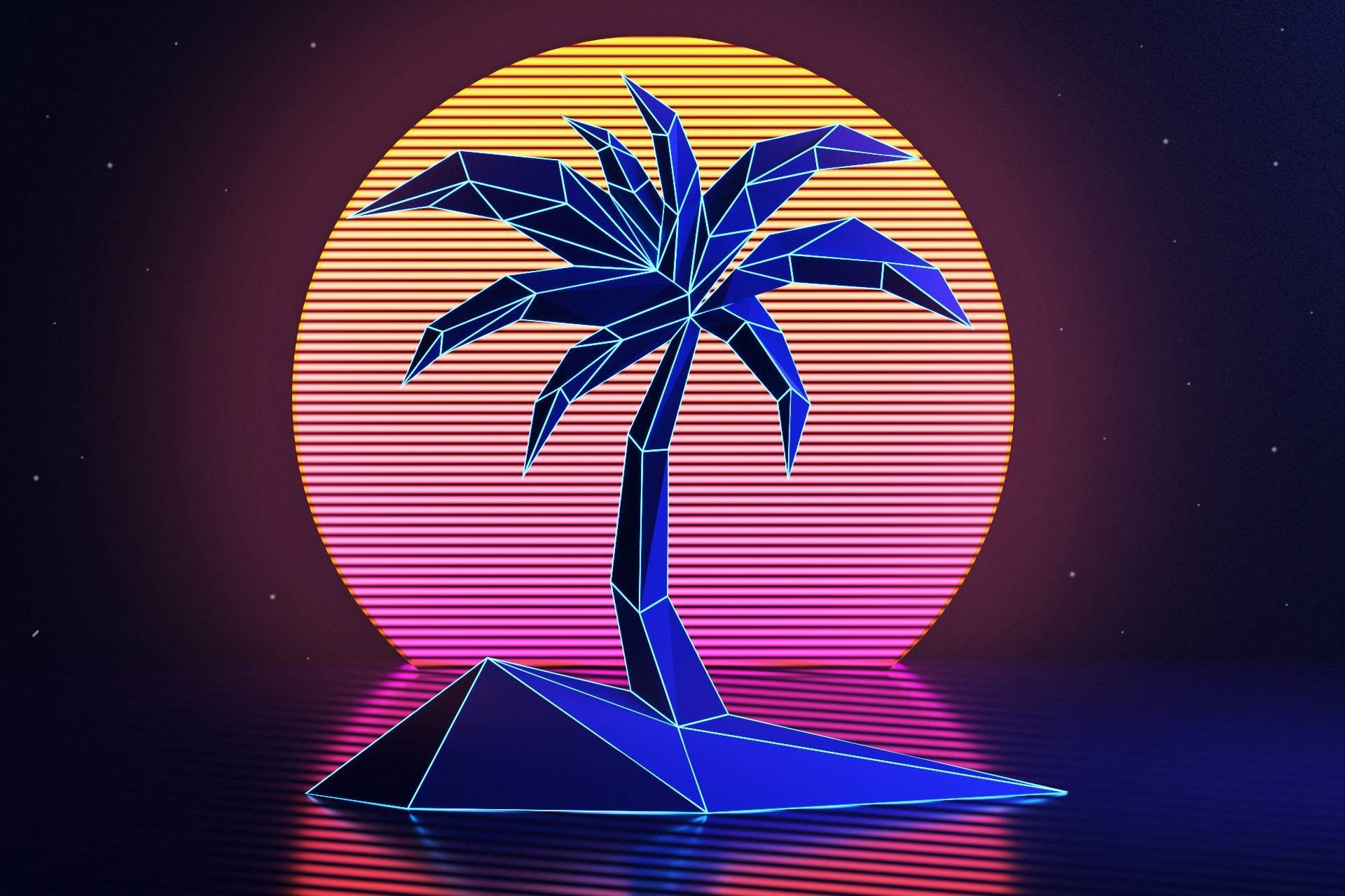 A palm tree in front of a sun in the style of 80s sci-fi art. - Low poly