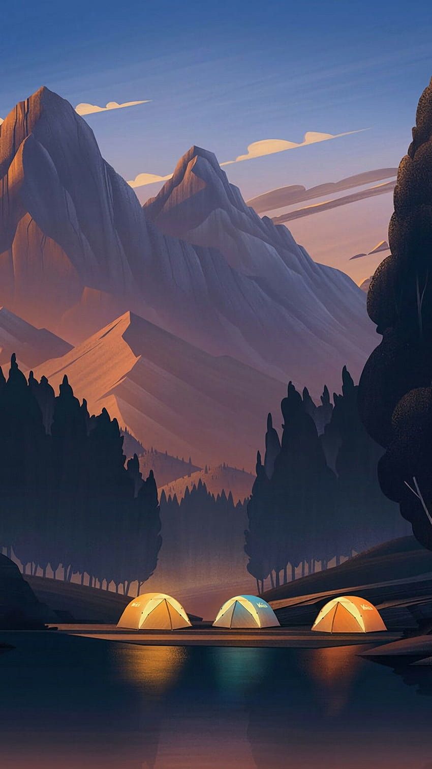 A painting of three tents pitched in a valley between two mountains - Low poly