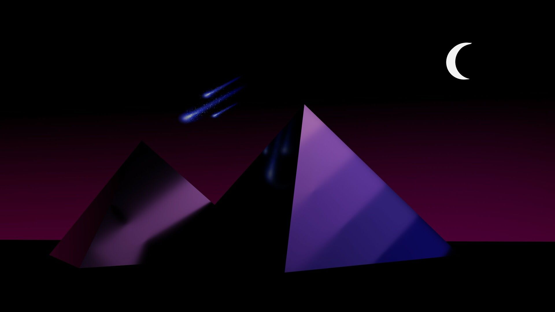 A purple pyramid with a shooting star and crescent moon in the background - Low poly