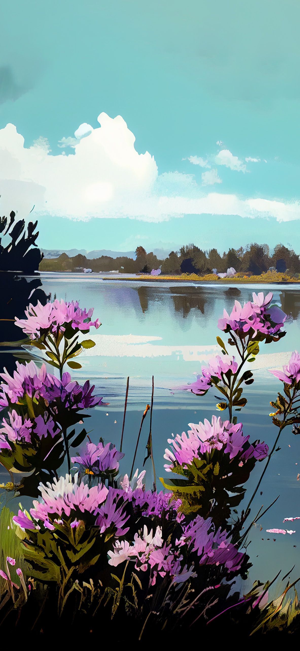 A painting of flowers and water - Lake