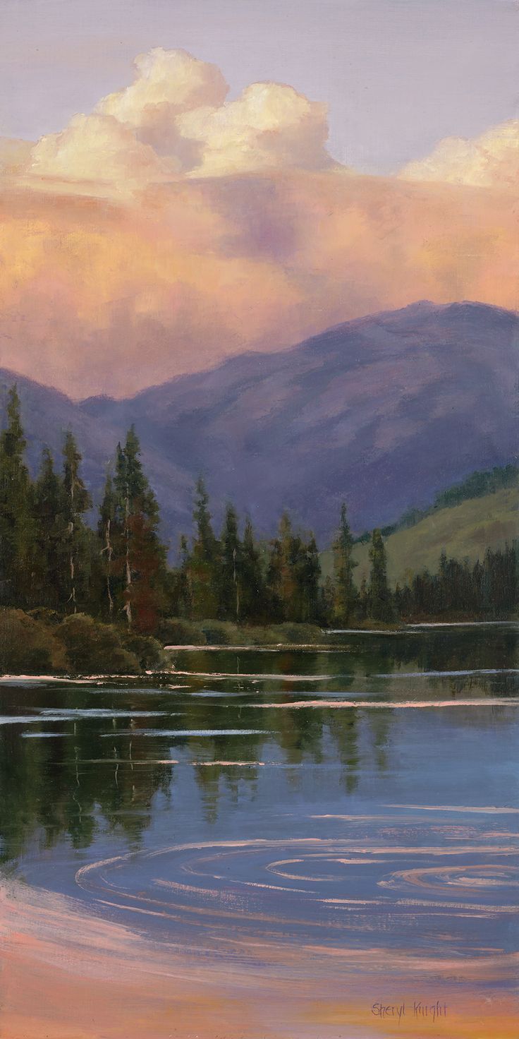 A painting of a mountain lake with trees and clouds in the background - Lake