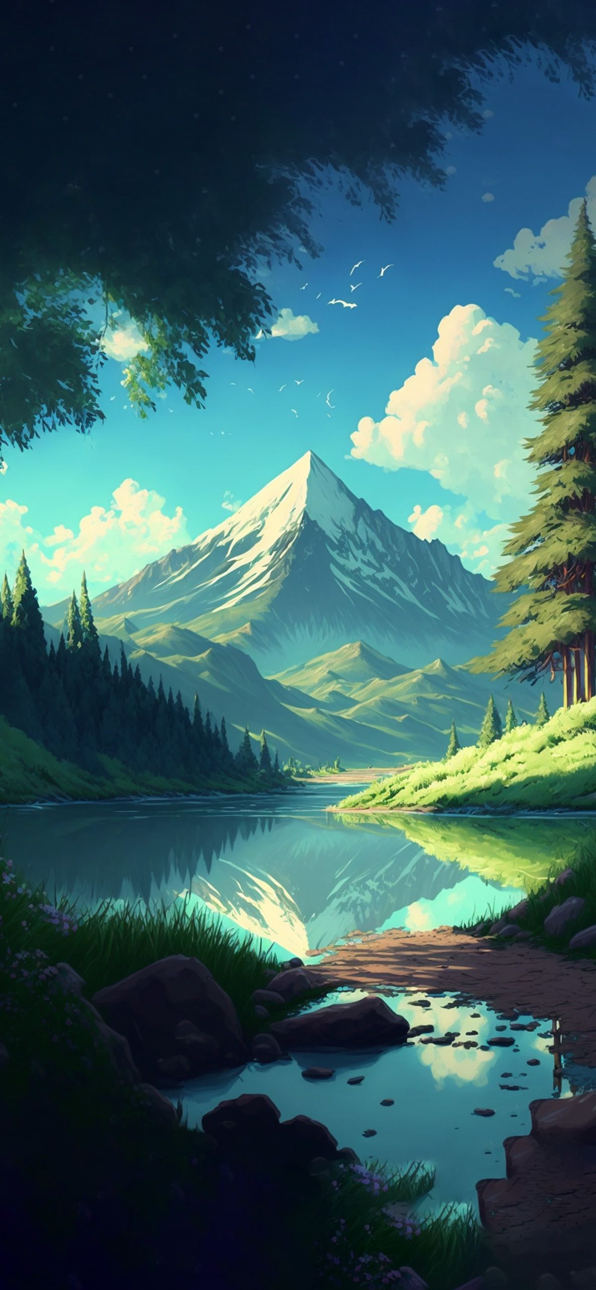 Aesthetic Forest Lake & Mountain Anime Background Wallpaper