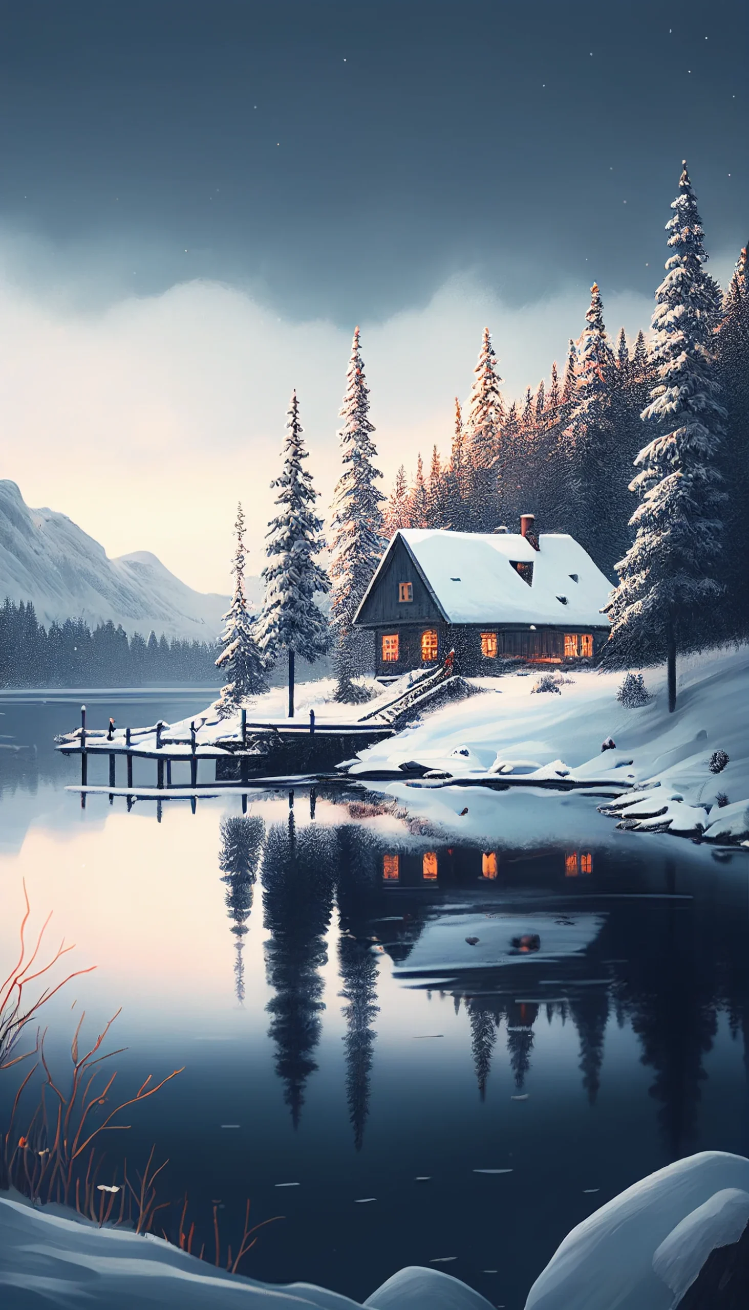 A cozy cabin in the woods by a lake - Lake, winter