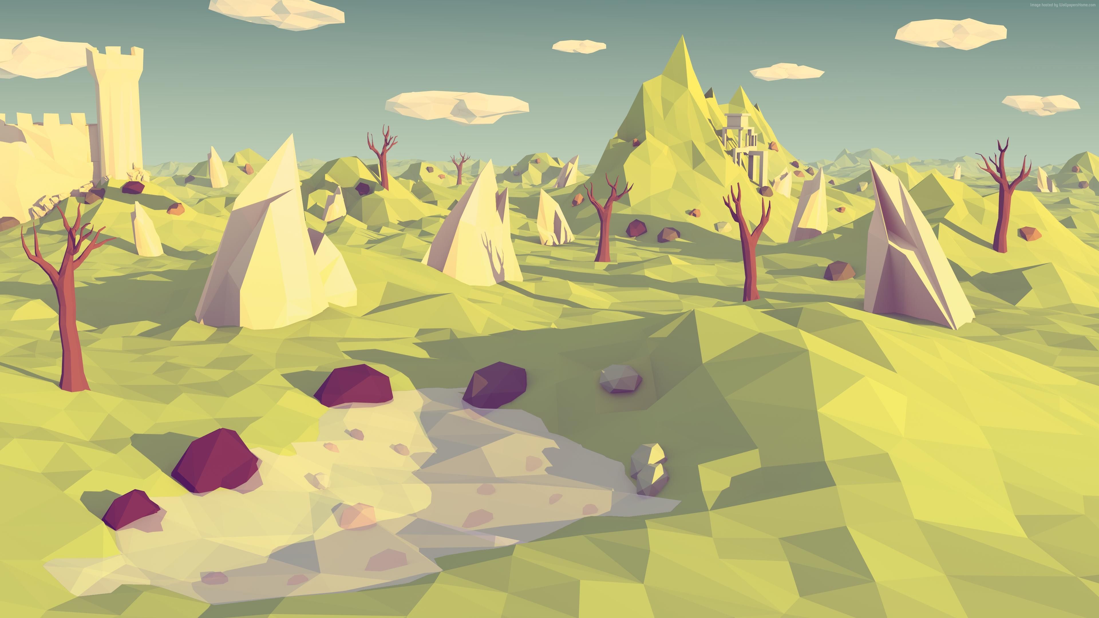 A low poly illustration of a mountainous landscape with a castle in the distance. - Low poly