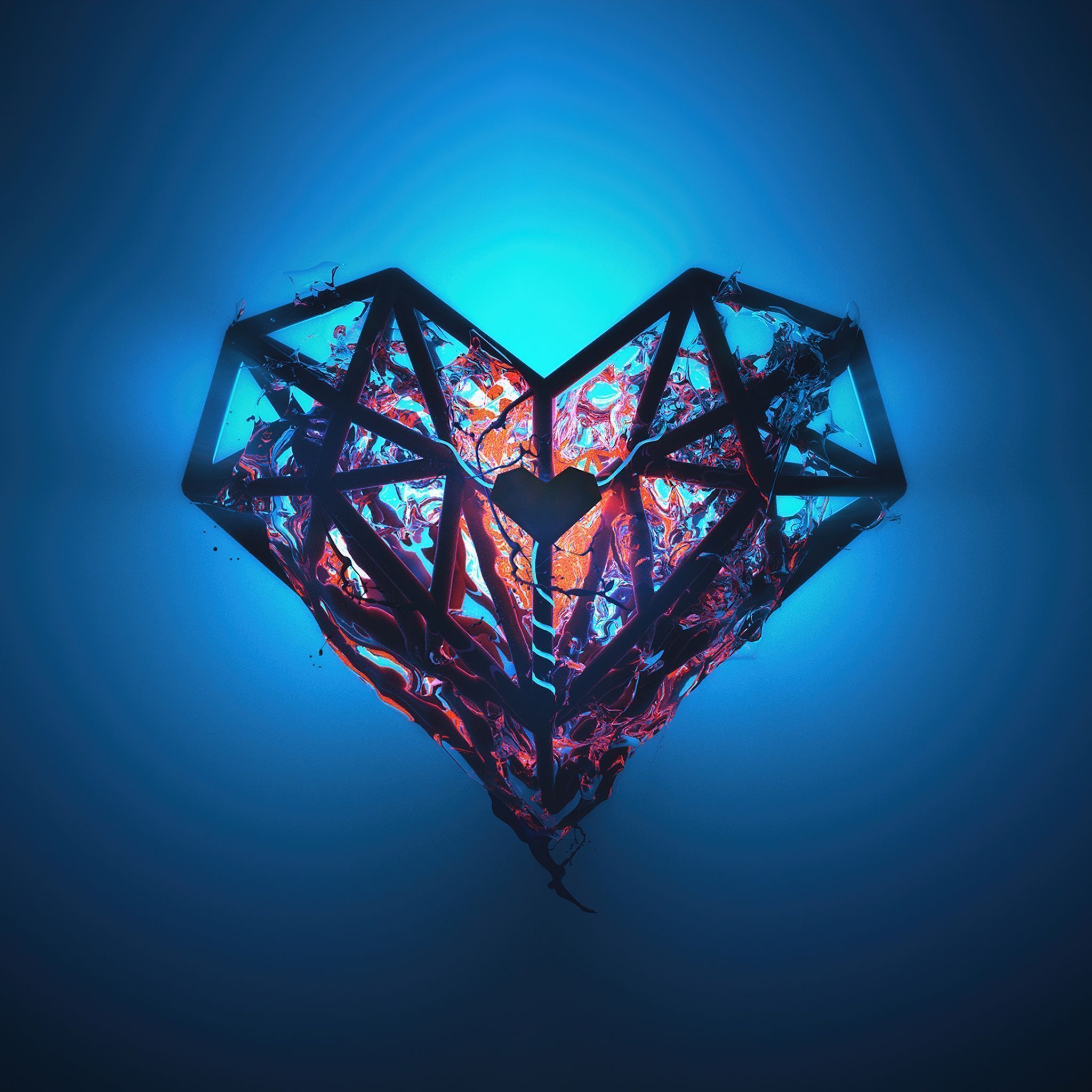 A digital artwork of a heart shape made up of many smaller geometric shapes. - Low poly
