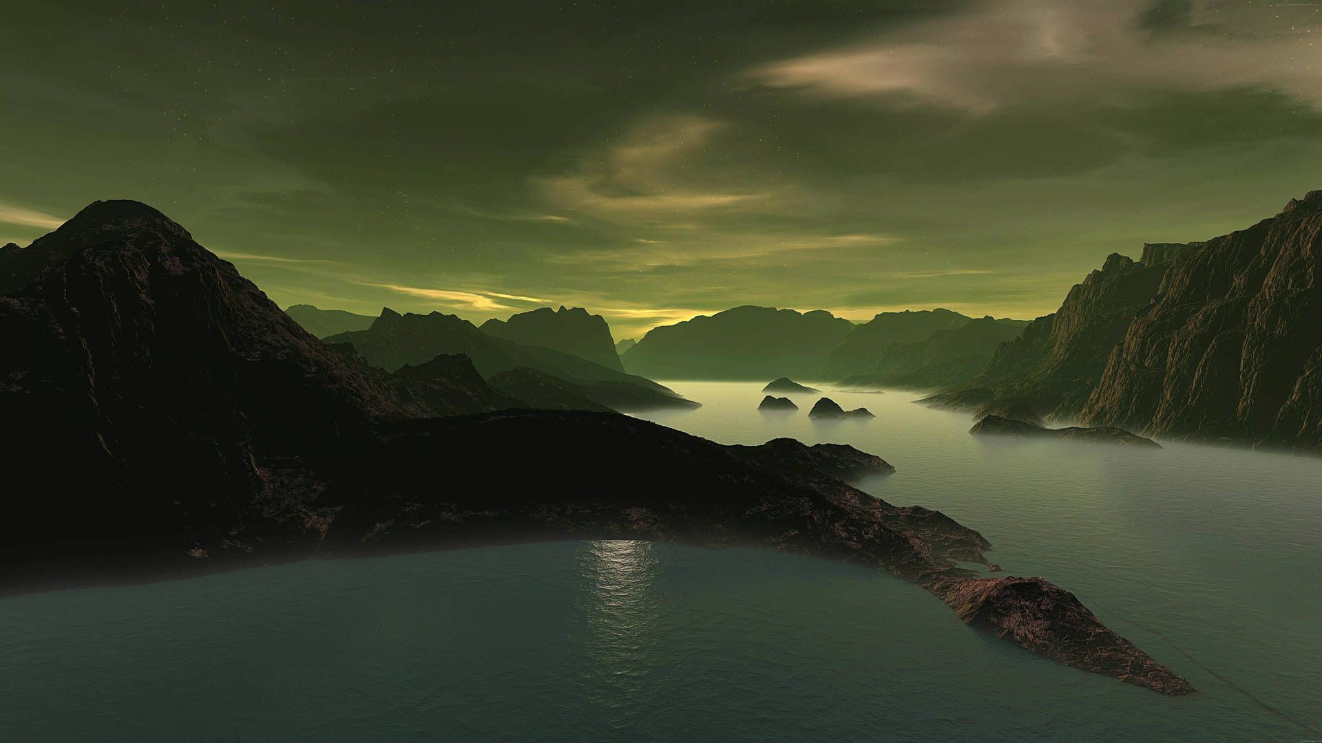 3D landscape of a green mountain range - Lake