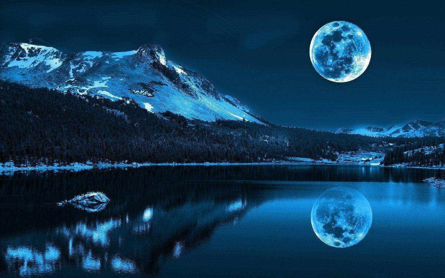 Download Natural Blue Aesthetic Lake With Full Moon Wallpaper