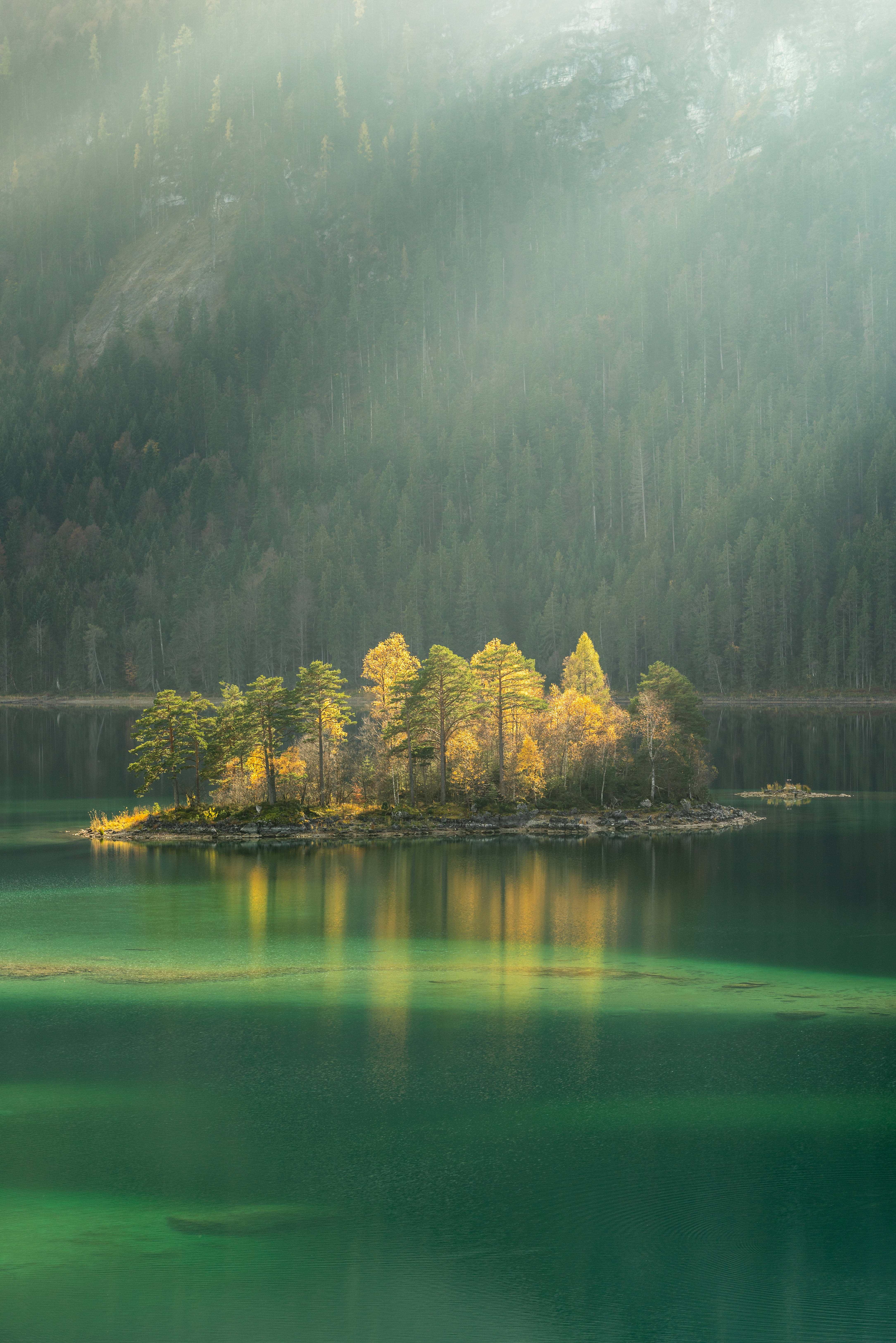 A small island with trees in the middle of a lake. - Lake