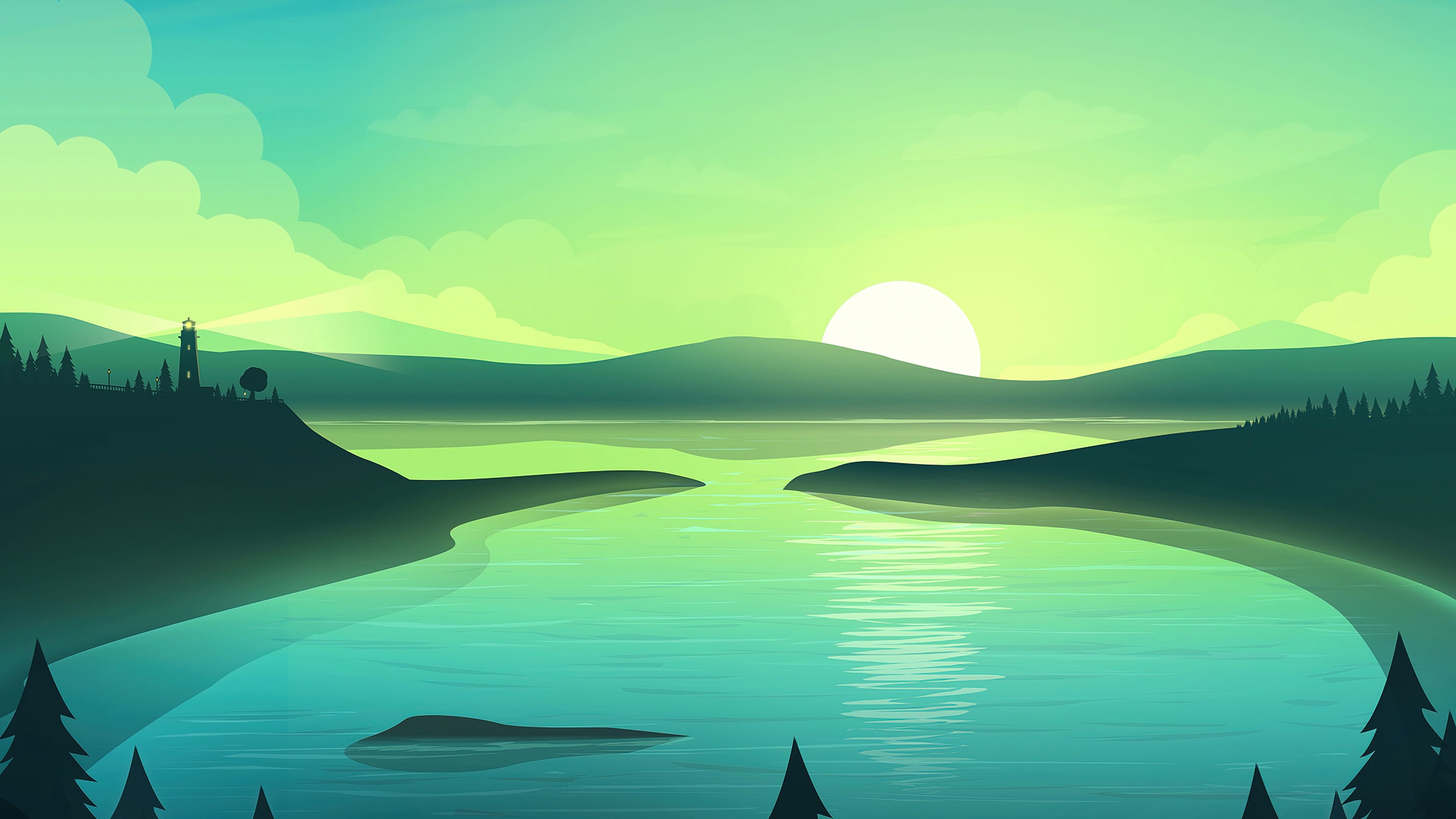 A landscape of a lake and mountains at sunset - Lake