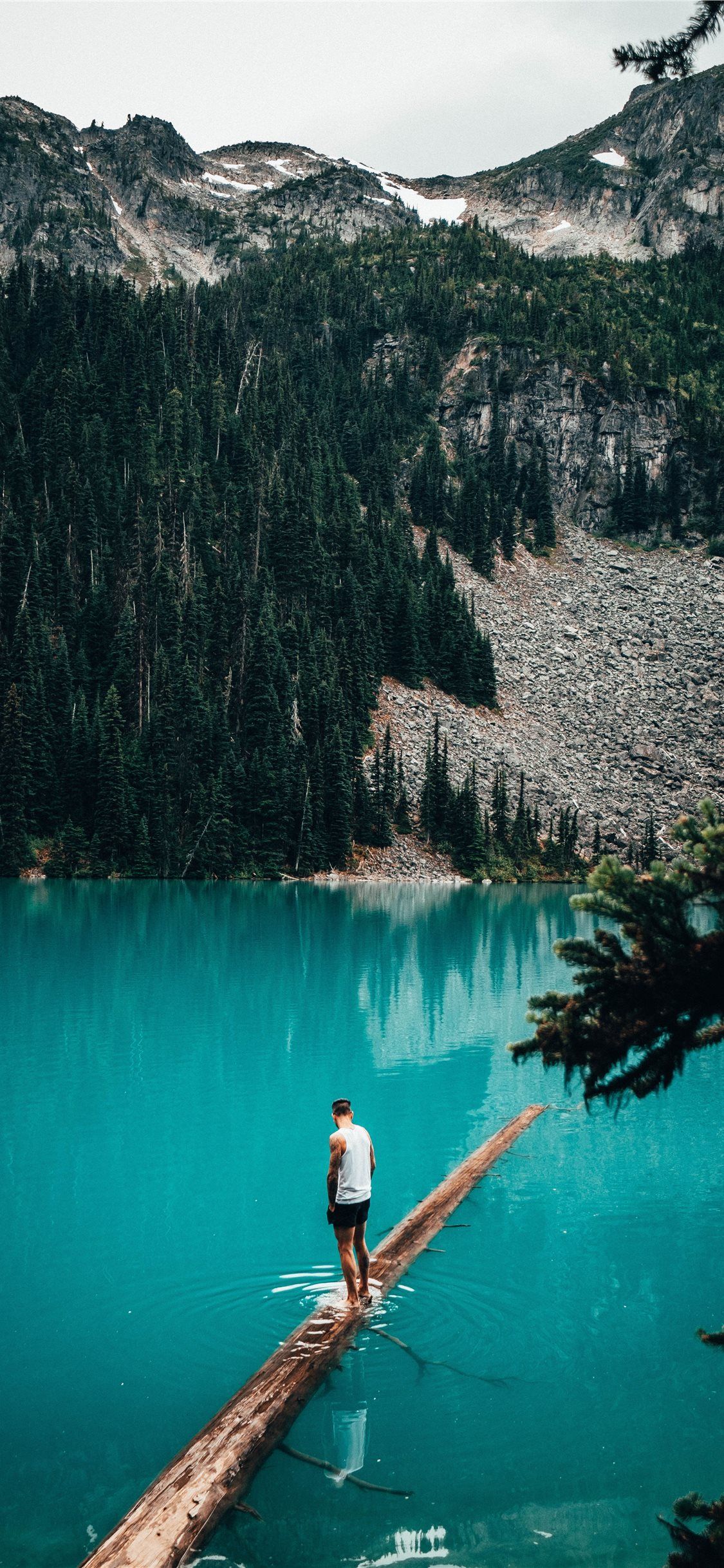 A man standing on a log in a lake surrounded by mountains. - Lake