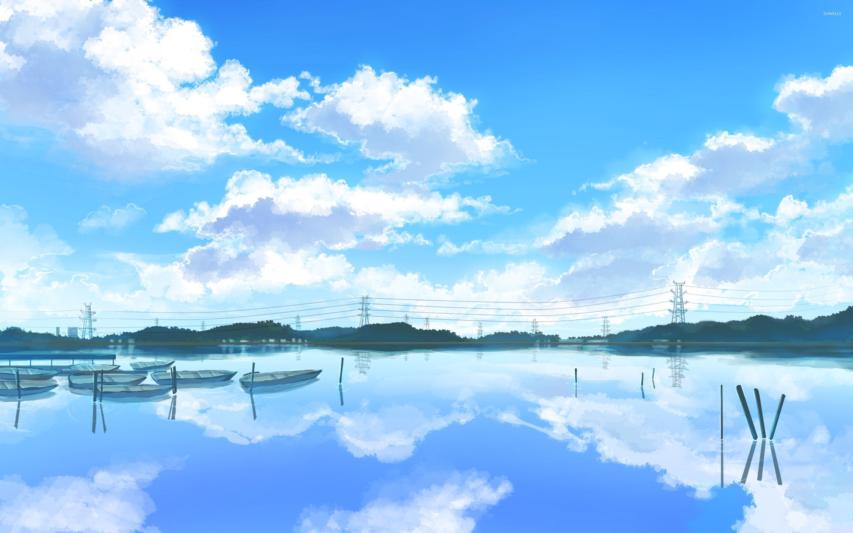 Anime scenery wallpaper of a calm lake with boats and power lines - Lake