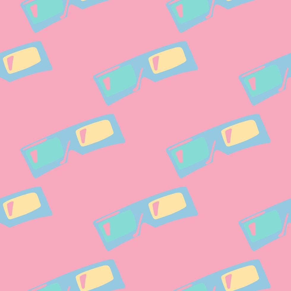 Bright seamless pattern with 3D glasses silhouettes. Simple doodle blue and yellow colored ornament on pink background